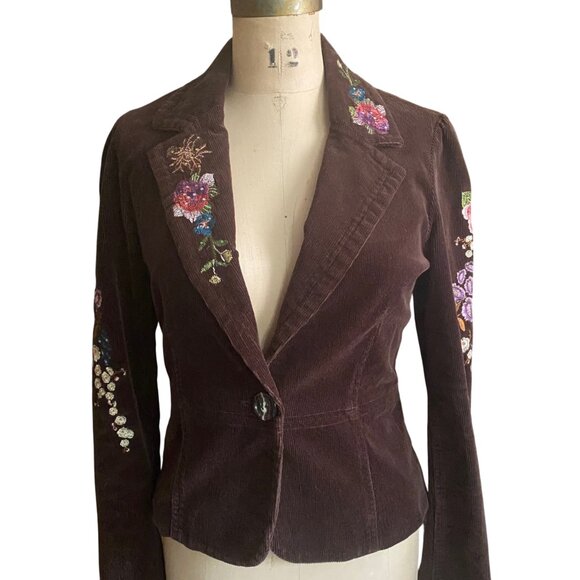 Y2K corduroy floral embroidered dark brown True Meaning blazer jacket - Picture 6 of 16